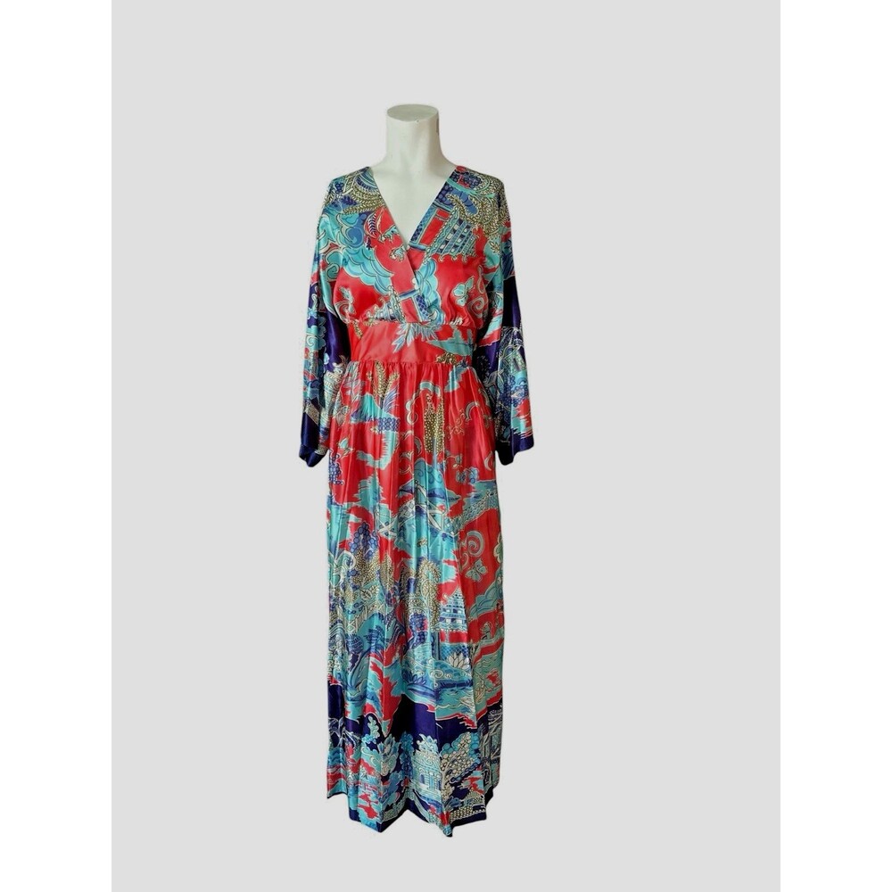 Vintage Japanese Kimono 70’s   Zipper EUC Blue multicolor Charlotte of Californi